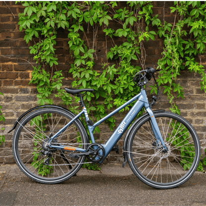 Blue step-through electric bike, one of the lightest e bikes ideal for commuting and daily use in the UK.