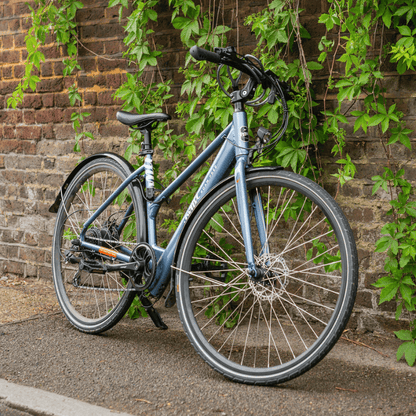 Blue step-through electric bike, one of the lightest e bikes ideal for commuting and daily use in the UK.