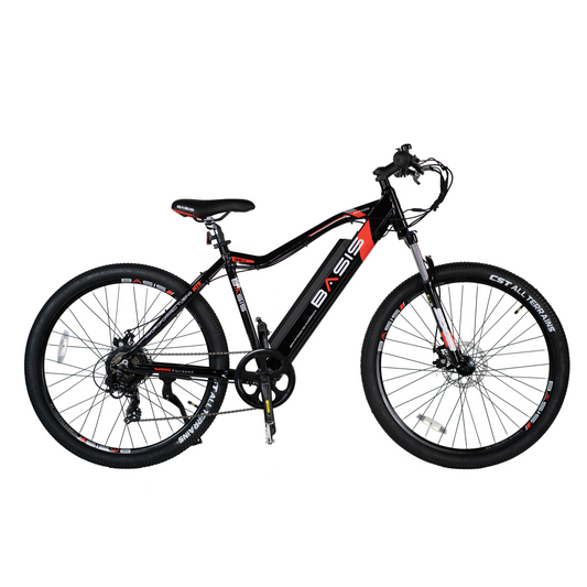 Black electric bike with pedal assist, perfect for commuting, off-road cycling, and city travel across the UK.