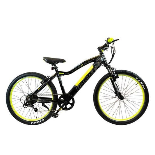 Black and yellow mountain electric bike with durable frame, perfect for off-road cycling and pedal assist power.