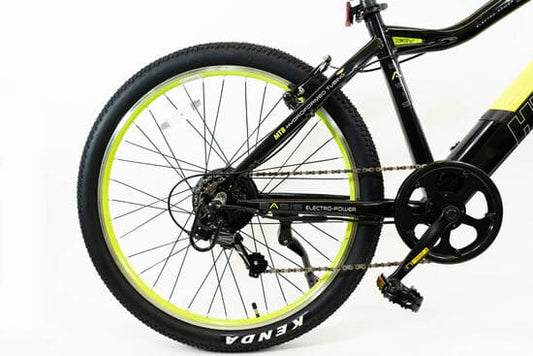 Black and yellow mountain electric bike with durable frame, perfect for off-road cycling and pedal assist power.