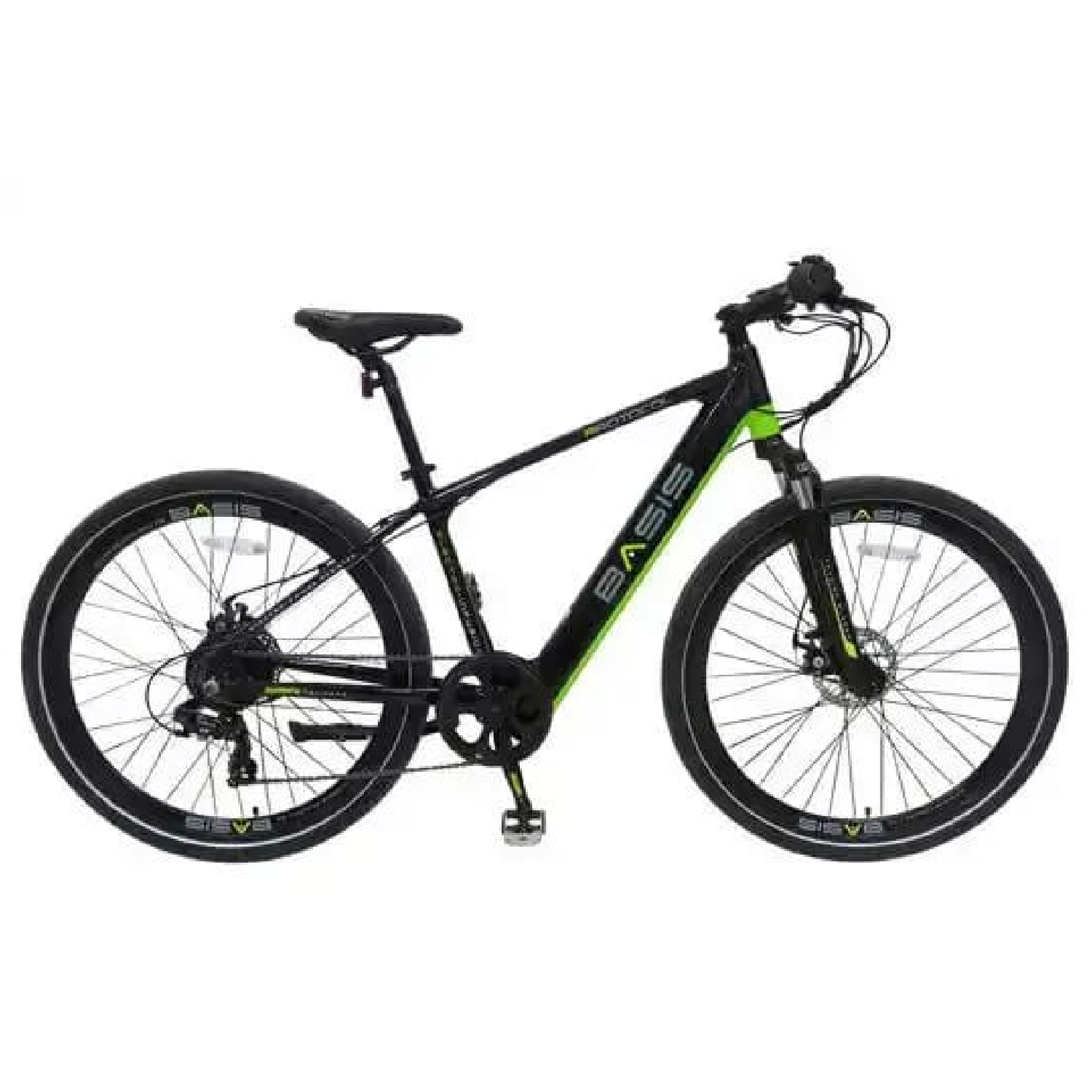 Basis electric bike with pedal assist, perfect for commuting, off-road cycling, and city travel across the UK.