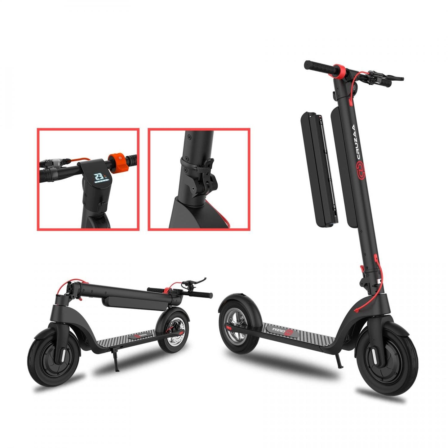 Black electric scooter, foldable with built-in speaker and charging port. Perfect for UK city commuting abd everyday e scooter use.