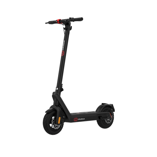 Black electric scooter, foldable with built-in speaker and charging port. Perfect for UK city commuting abd everyday e scooter use.