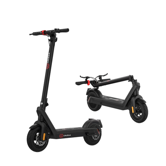 Black electric scooter, foldable with built-in speaker and charging port. Perfect for UK city commuting abd everyday e scooter use.