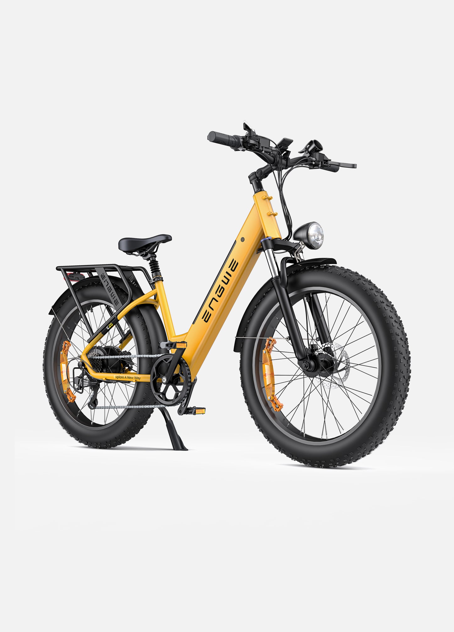 Fat tire e bike in yellow, designed for all terrains, offering a stylish electric bike ride in the UK