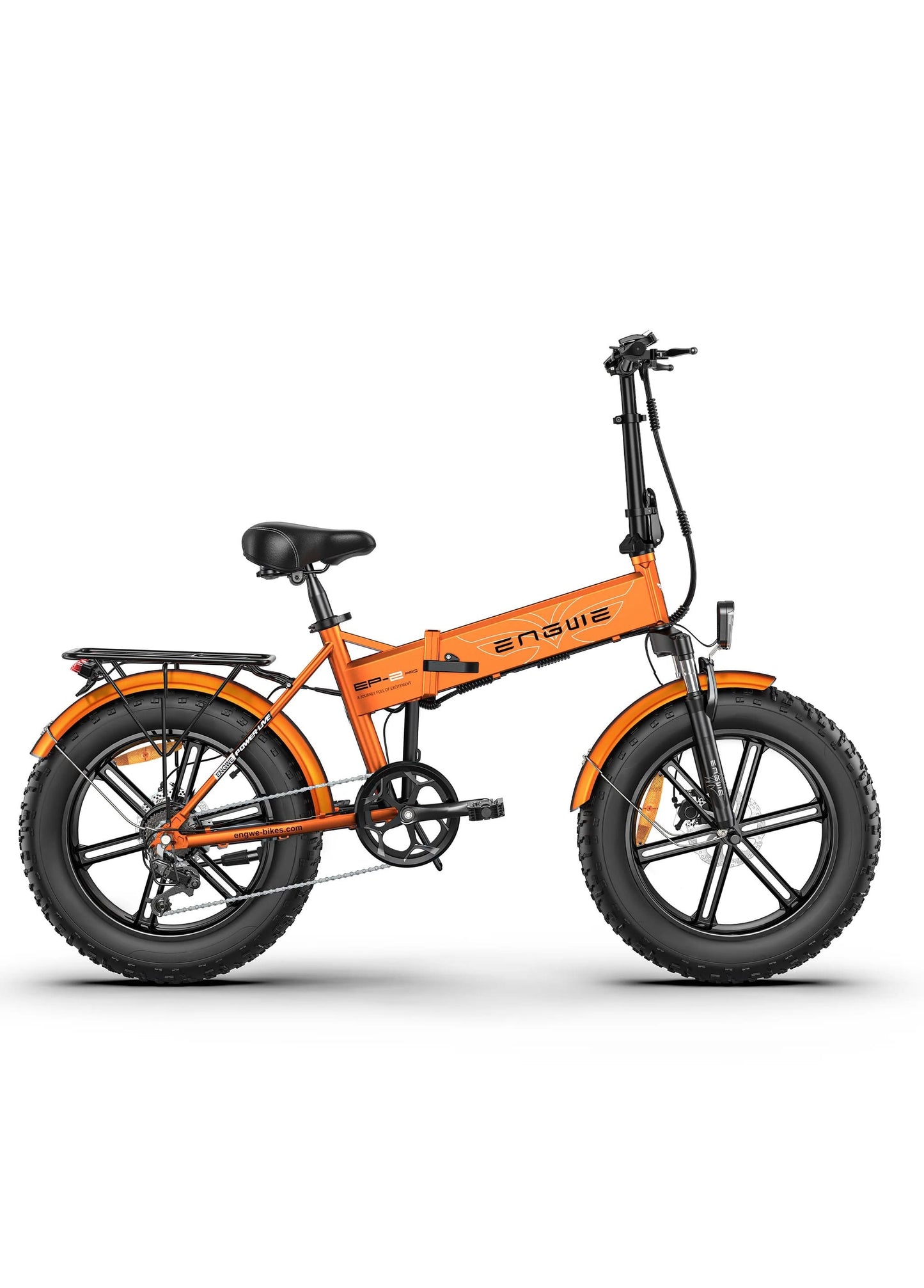 Orange fat tire e  bike with front suspension, designed for all terrains including city, mountain and trekking electric bike rides in the UK