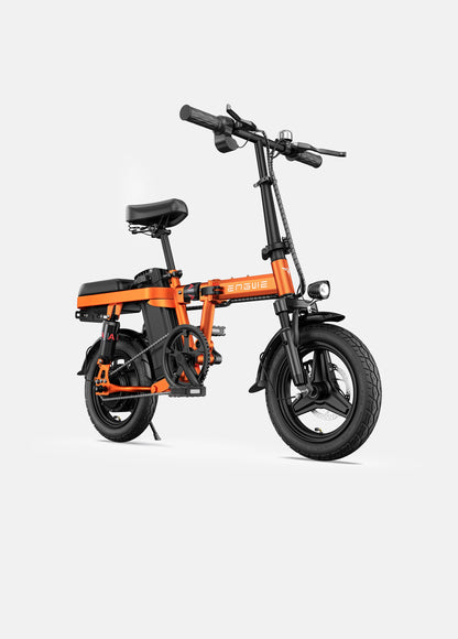 Orange folding e bike for UK city commuting. Perfect for everyday electric bike use.