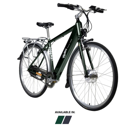 Green cross-country e bike with classic crossbar design, built-in USB, and long-lasting battery, ideal for city and off-road rides.