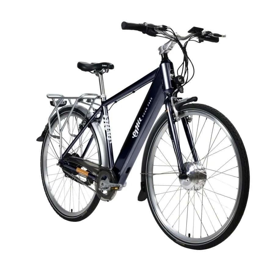 Navy blue cross-country e bike with classic crossbar design, built-in USB, and long-lasting battery, ideal for city and off-road rides.