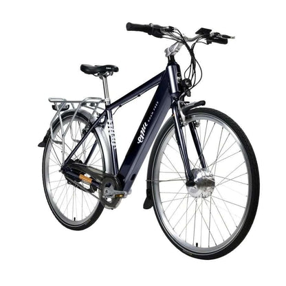 Navy blue cross-country e bike with classic crossbar design, built-in USB, and long-lasting battery, ideal for city and off-road rides.