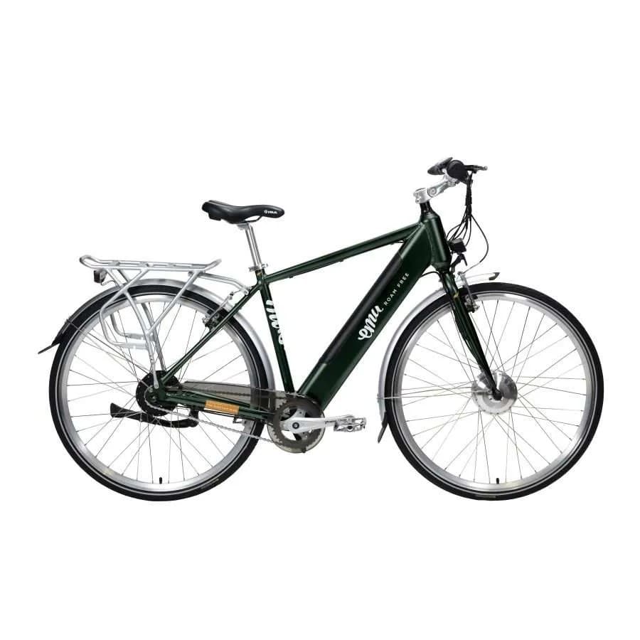 Green cross-country e bike with classic crossbar design, built-in USB, and long-lasting battery, ideal for city and off-road rides.