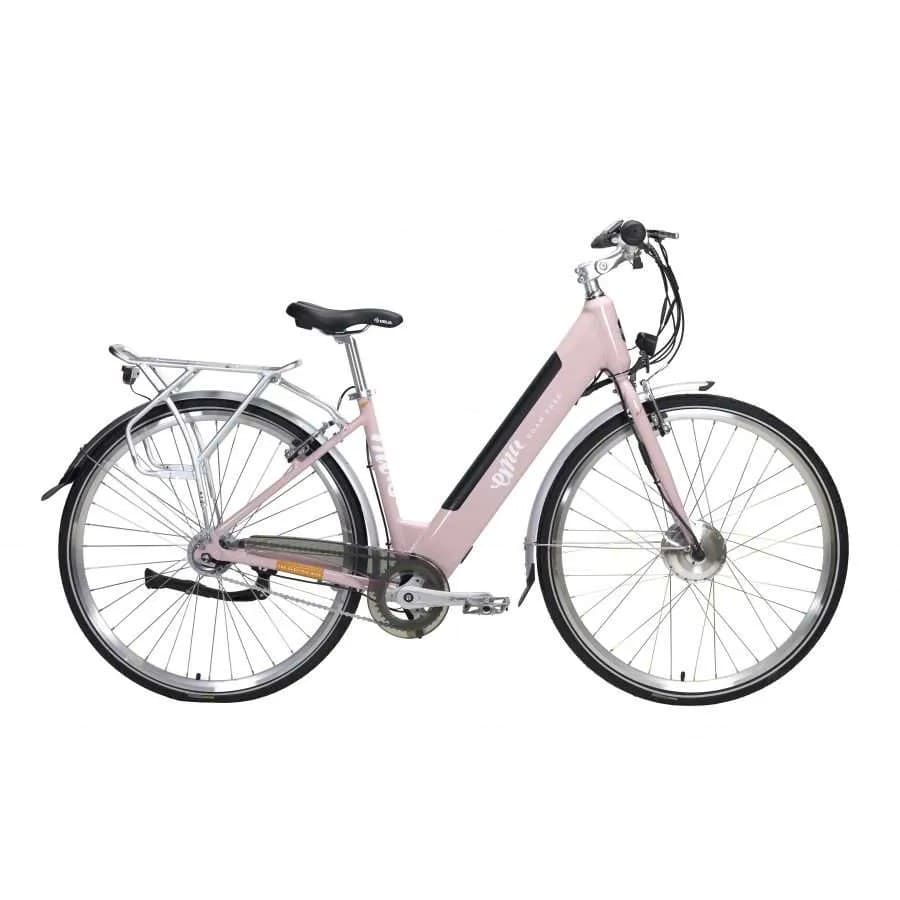 Pink step-through electric bike for city commuting, perfect e bike for daily use available in the UK.