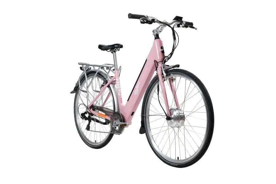 Pink step-through electric bike for city commuting, perfect e bike for daily use available in the UK.