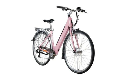 Pink step-through electric bike for city commuting, perfect e bike for daily use available in the UK.