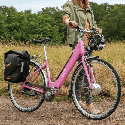 Pink step-through electric bike for city commuting, perfect e bike for daily use available in the UK.