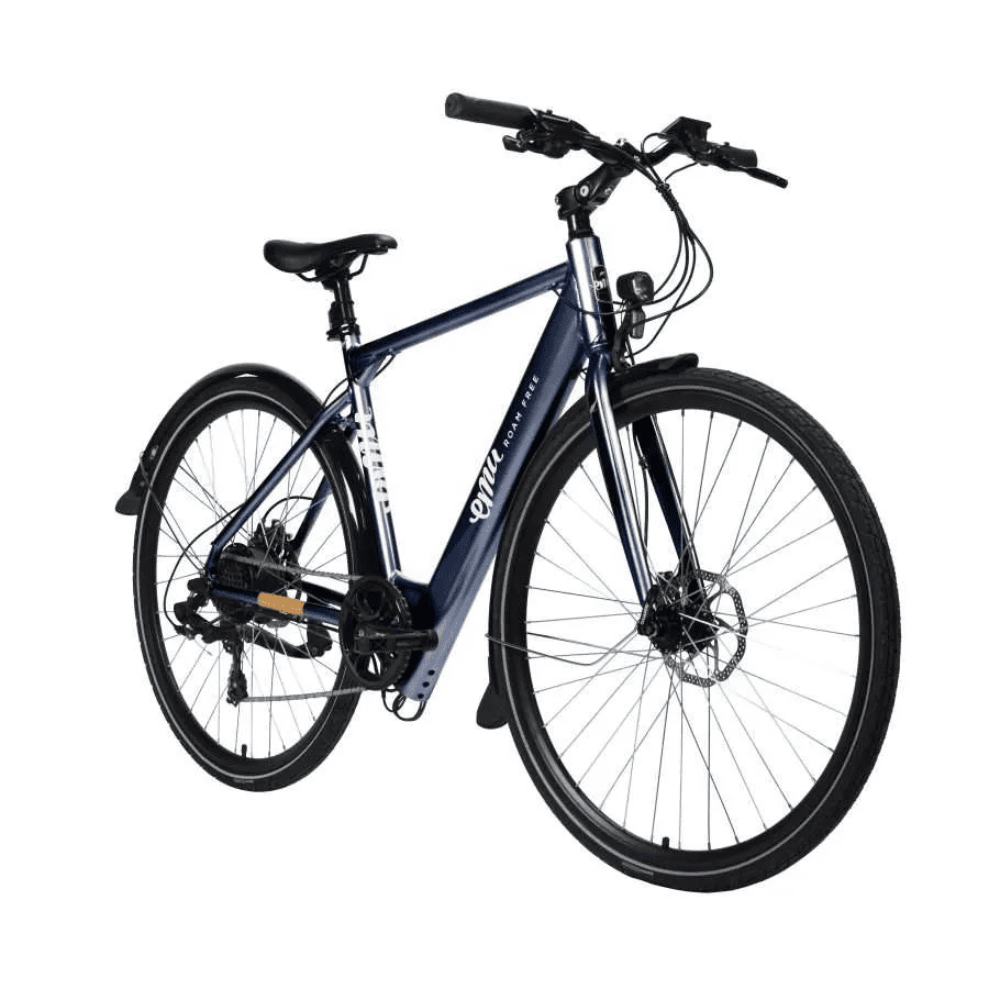 Navy blue crossbar electric bike, one of the lightest e bikes ideal for commuting and daily use in the UK.