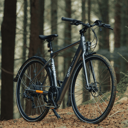 Grey crossbar electric bike, one of the lightest e bikes ideal for commuting and daily use in the UK.