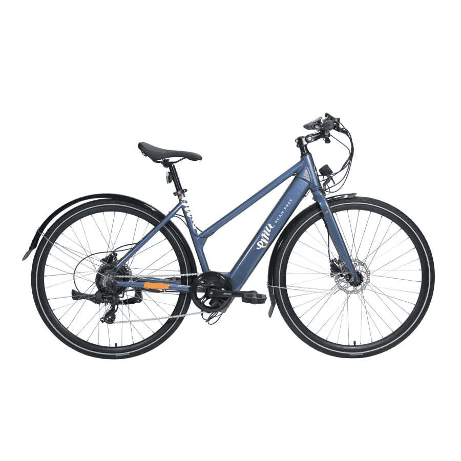 Blue step-through electric bike, one of the lightest e bikes ideal for commuting and daily use in the UK.