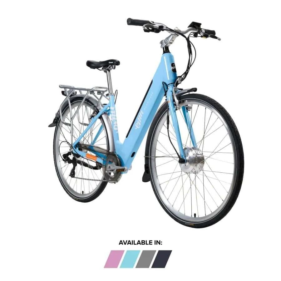 Blue step-through electric bike with pedal assist, perfect for e bike city and cross-country rides in the UK