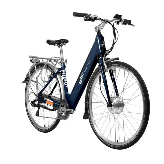 Navy blue step-through electric bike with pedal assist, perfect for e bike city and cross-country rides in the UK