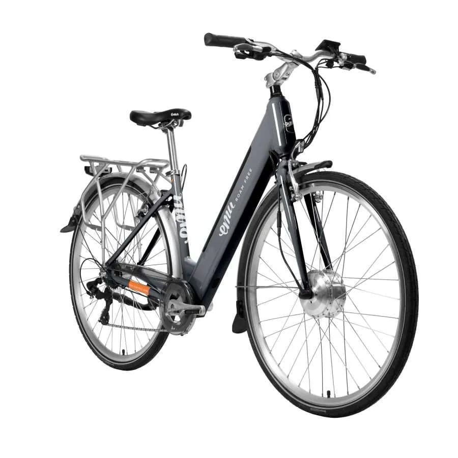 Grey step-through electric bike with pedal assist, perfect for e bike city and cross-country rides in the UK