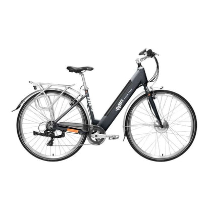 Grey step-through electric bike with pedal assist, perfect for e bike city and cross-country rides in the UK