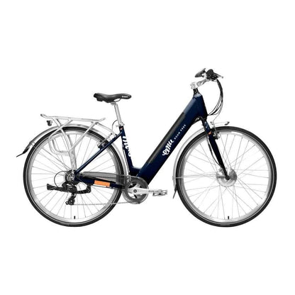 Navy blue step-through electric bike with pedal assist, perfect for e bike city and cross-country rides in the UK