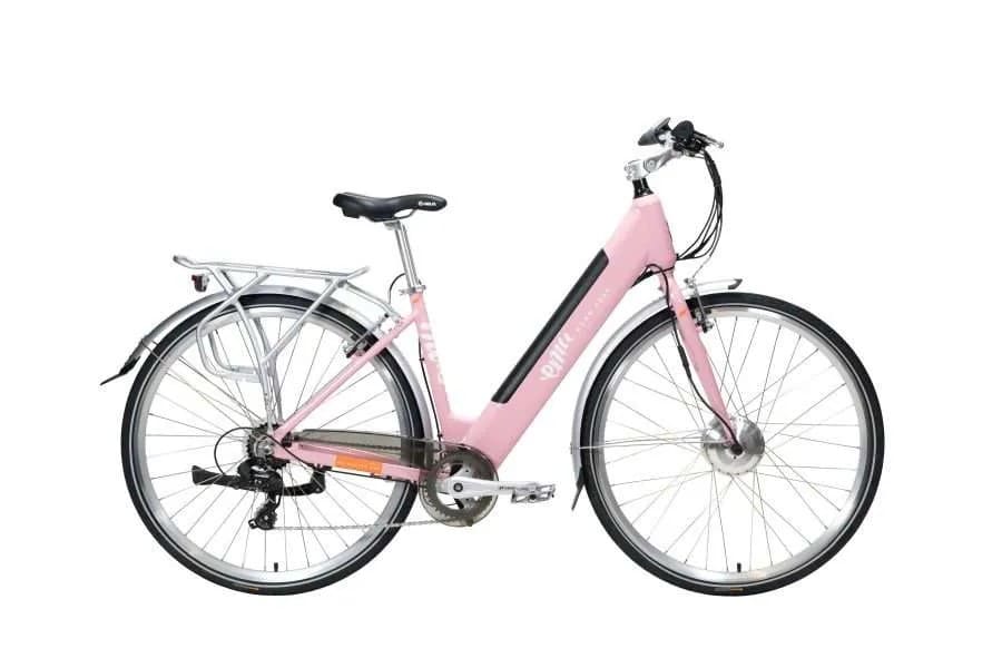 Pink step-through electric bike with pedal assist, perfect for e bike city and cross-country rides in the UK