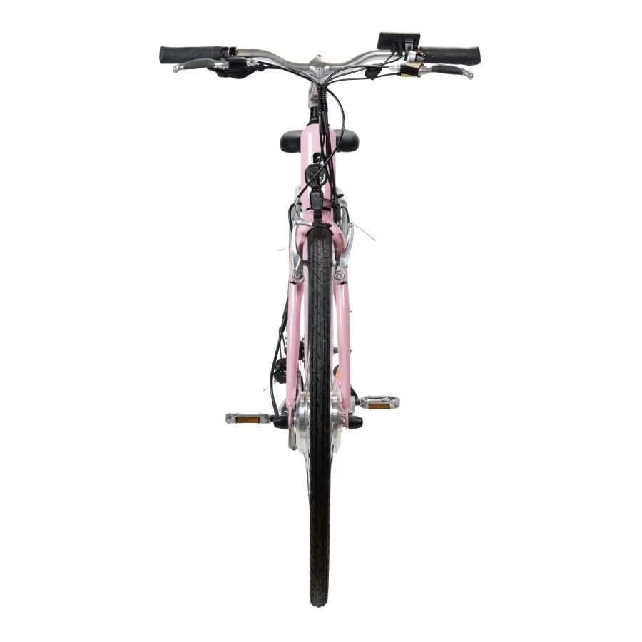 Pink step-through electric bike with pedal assist, perfect for e bike city and cross-country rides in the UK