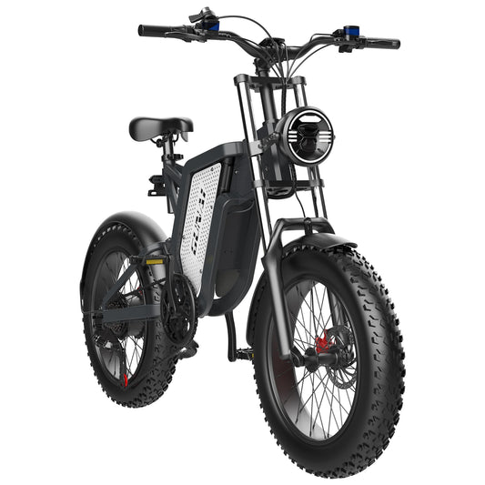 Black fat tire e bike, designed for all terrains including city, mountain and trekking electric bike rides in the UK