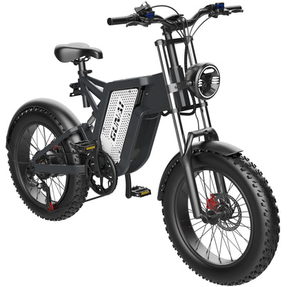 Black fat tire e bike, designed for all terrains including city, mountain and trekking electric bike rides in the UK