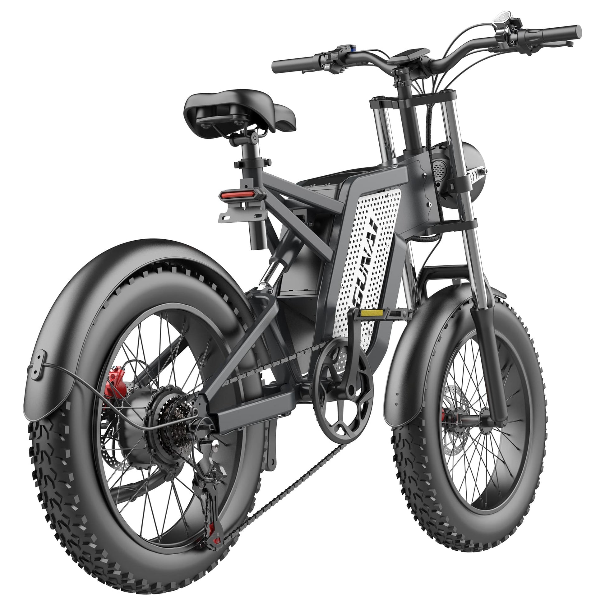 Black fat tire e bike, designed for all terrains including city, mountain and trekking electric bike rides in the UK