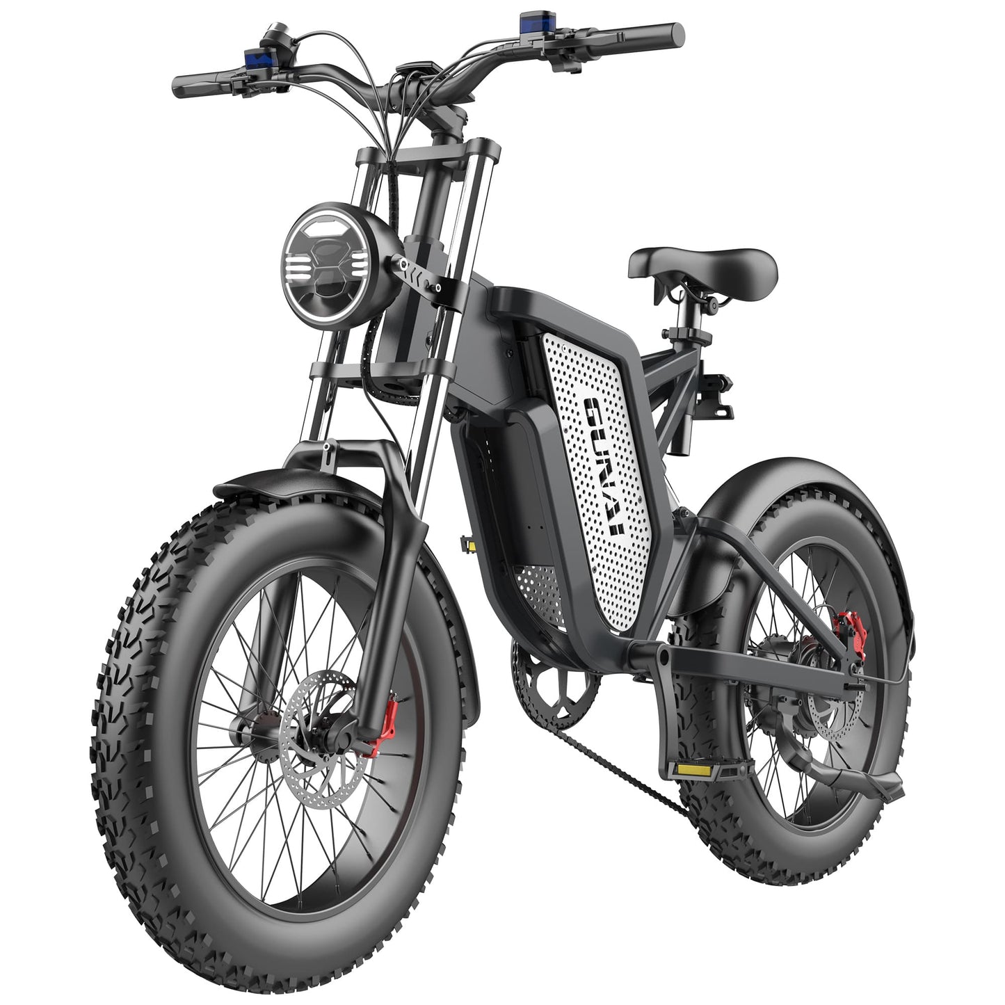 Black fat tire e bike, designed for all terrains including city, mountain and trekking electric bike rides in the UK