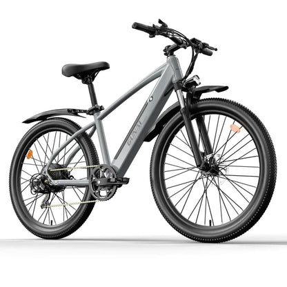 Grey mountain electric bike with durable build, perfect for off-road adventures, available e bikes in the UK