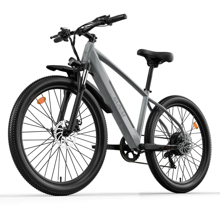 Grey mountain electric bike with durable build, perfect for off-road adventures, available e bikes in the UK