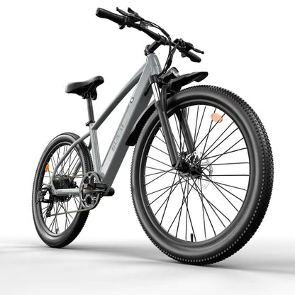 Grey mountain electric bike with durable build, perfect for off-road adventures, available e bikes in the UK