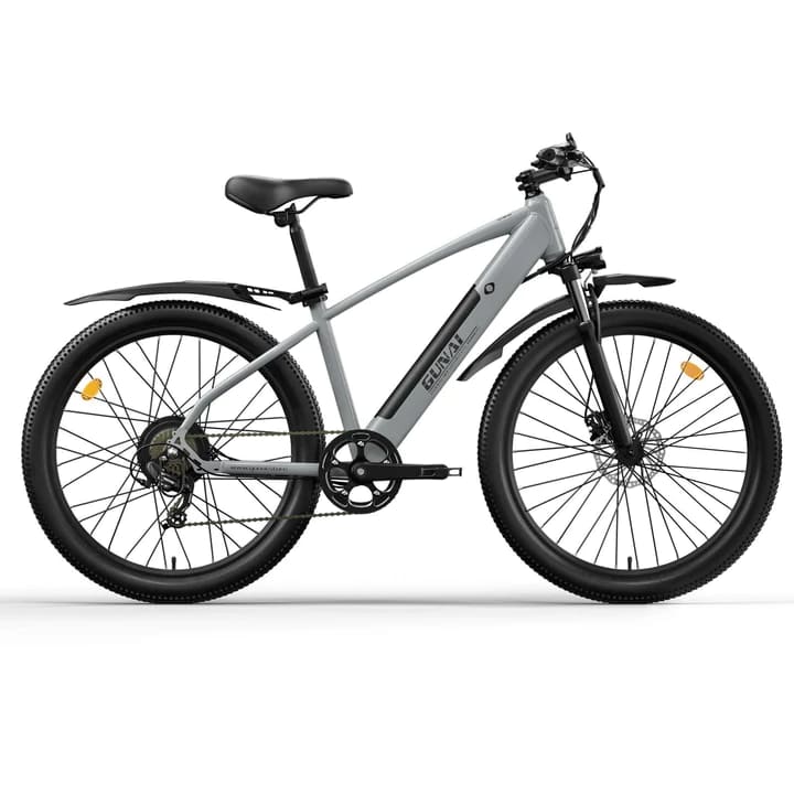 Grey mountain electric bike with durable build, perfect for off-road adventures, available e bikes in the UK