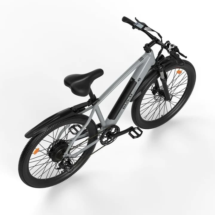 Grey mountain electric bike with durable build, perfect for off-road adventures, available e bikes in the UK