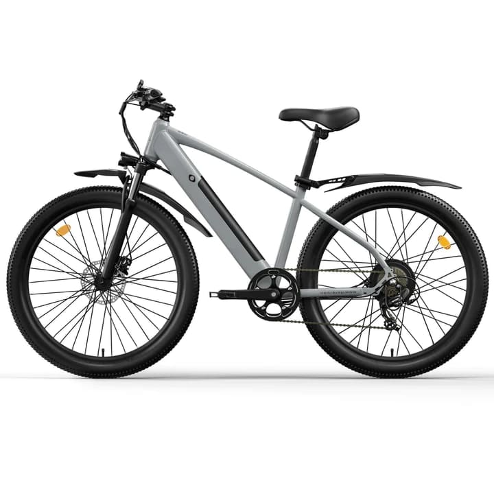 Grey mountain electric bike with durable build, perfect for off-road adventures, available e bikes in the UK