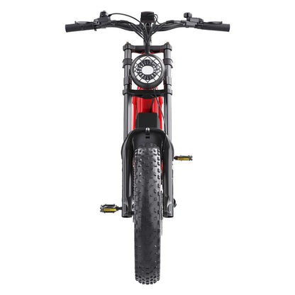 Red fat tire e bike, designed for all terrains including city, mountain and trekking electric bike rides in the UK