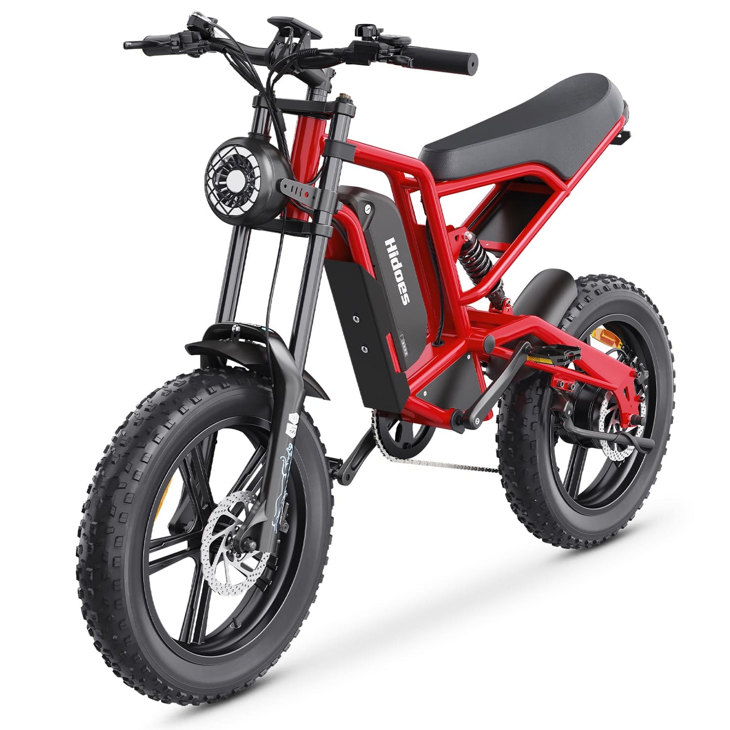 Red fat tire e bike, designed for all terrains including city, mountain and trekking electric bike rides in the UK