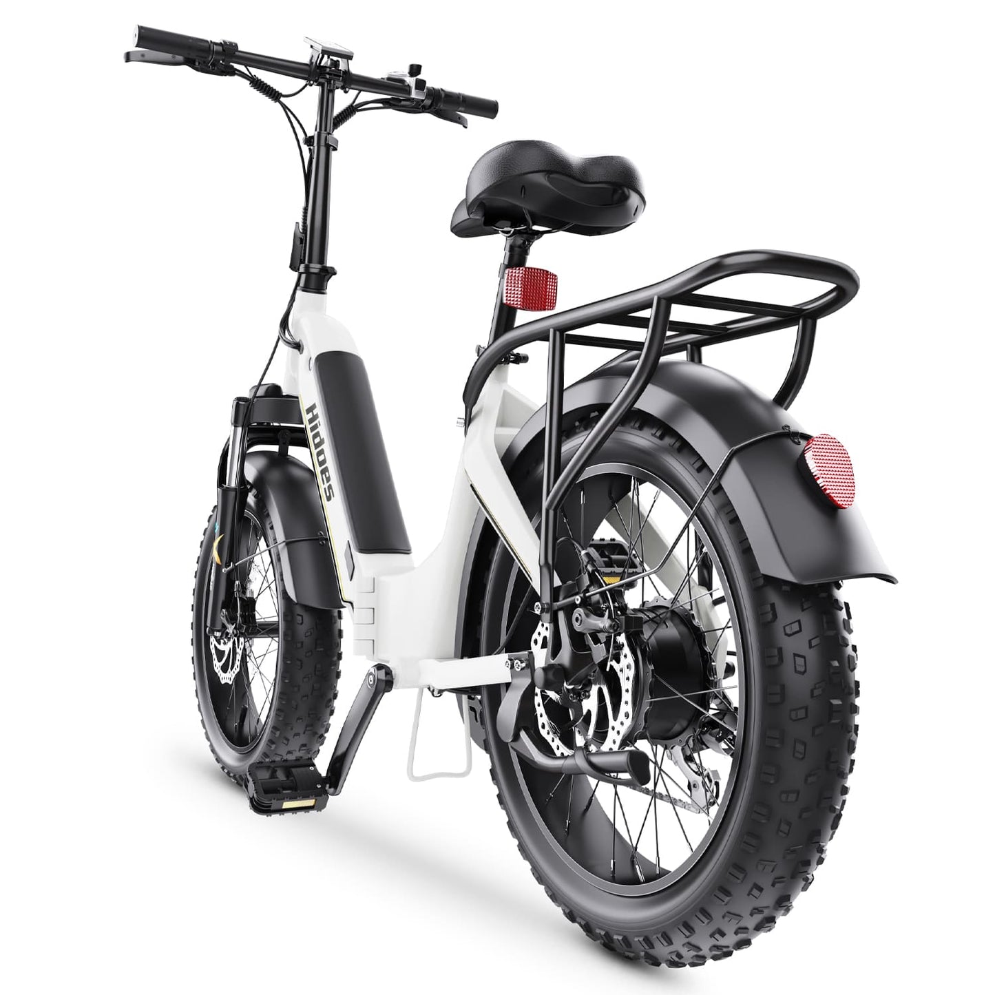 White folding fat tire e bike, designed for all terrains including city, mountain and trekking electric bike rides in the UK