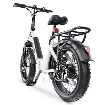 White folding fat tire e bike, designed for all terrains including city, mountain and trekking electric bike rides in the UK