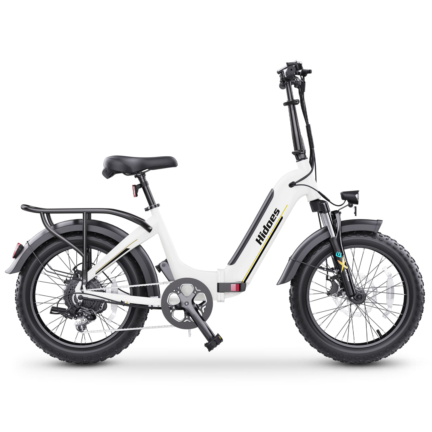 White folding fat tire e bike, designed for all terrains including city, mountain and trekking electric bike rides in the UK