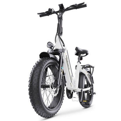 White folding fat tire e bike, designed for all terrains including city, mountain and trekking electric bike rides in the UK