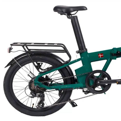 Green folding fat tire e bike, designed for all terrains including city, mountain and trekking electric bike rides in the UK