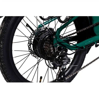 Green folding fat tire e bike, designed for all terrains including city, mountain and trekking electric bike rides in the UK