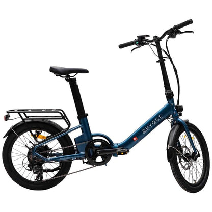 Blue folding step through electric bike with pedal assist, perfect for city commuting and everyday travel across the UK.