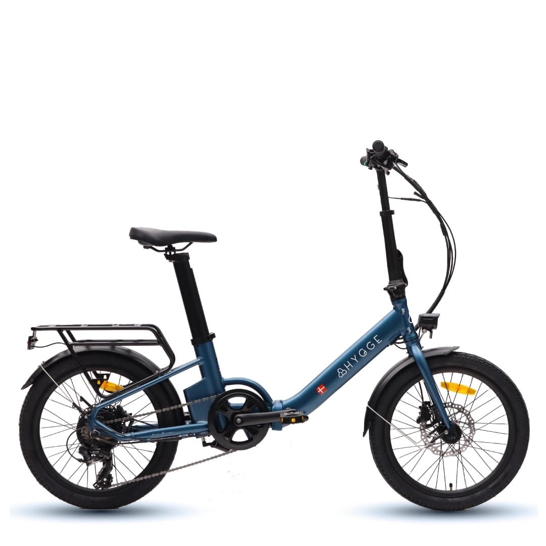 Blue folding step through electric bike with pedal assist, perfect for city commuting and everyday travel across the UK.